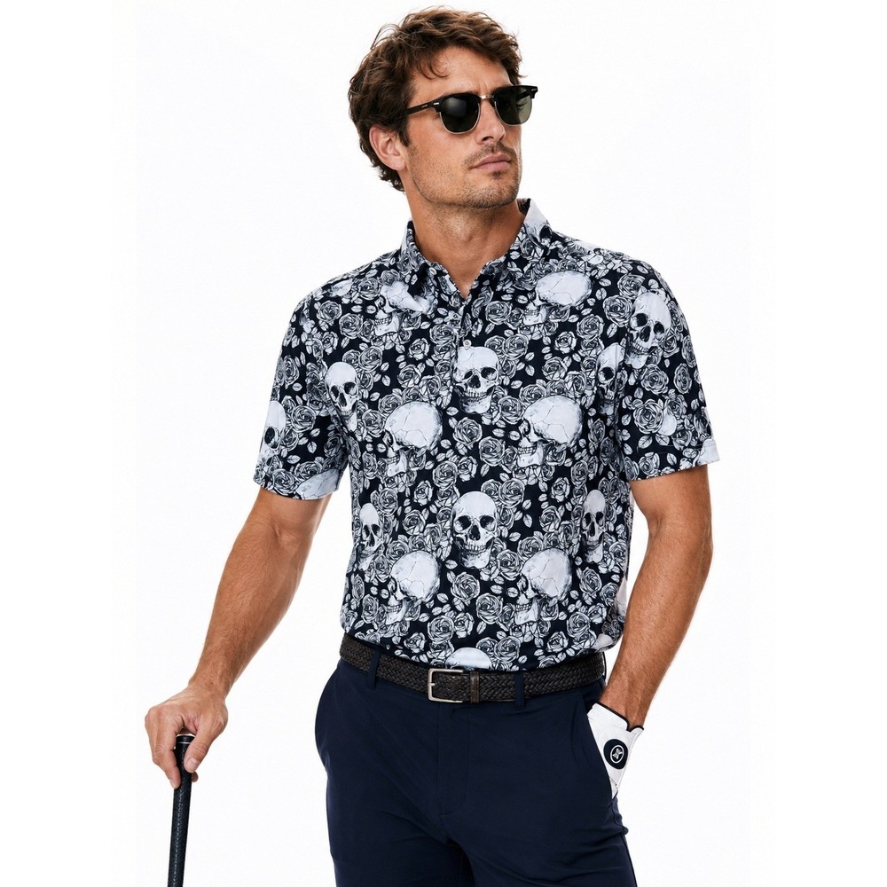 Chase 54 Mens Skull and Rose Print Golf Polo Shirt Black White Short Sleeve